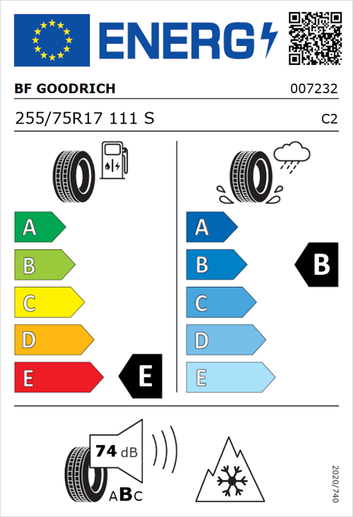 Tyre Label for BF Goodrich All Terrain T/A KO2 255/75R17 111S