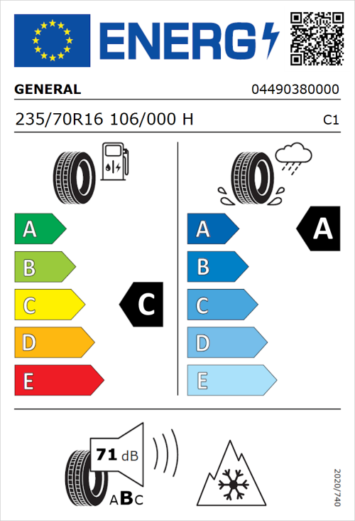 Tyre Label for General Grabber GT Plus 235/70R16 106/000H