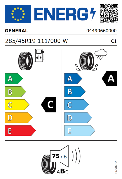 Tyre Label for General Grabber GT Plus 285/45R19 111/000W