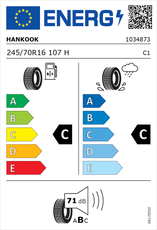 Tyre Label for Hankook Dynapro HPX 245/70R16 107H