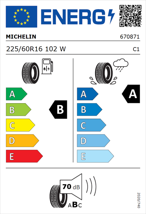 Tyre Label for Michelin Primacy 5 225/60R16 102W