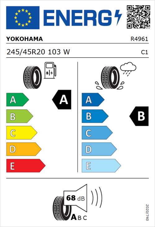 Tyre Label for Yokohama Advan Sport V107 245/45R20 103W