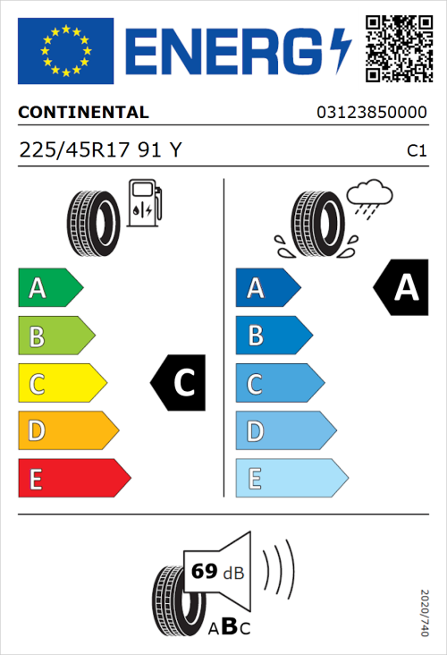Tyre Label for Continental UltraContact 6 225/45R17 91Y